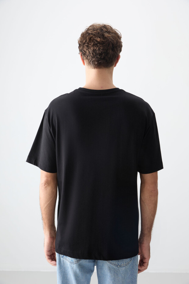 Siyah %100 Pamuk Kalın Yumuşak Dokulu Oversize Fit Baskılı Erkek T-Shirt - 88357 - 5