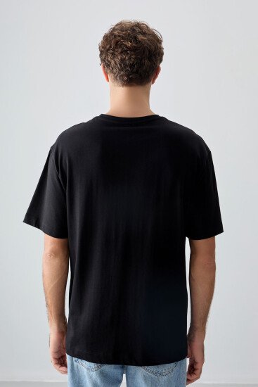 Siyah %100 Pamuk Kalın Yumuşak Dokulu Oversize Fit Baskılı Erkek T-Shirt - 88357 - Thumbnail
