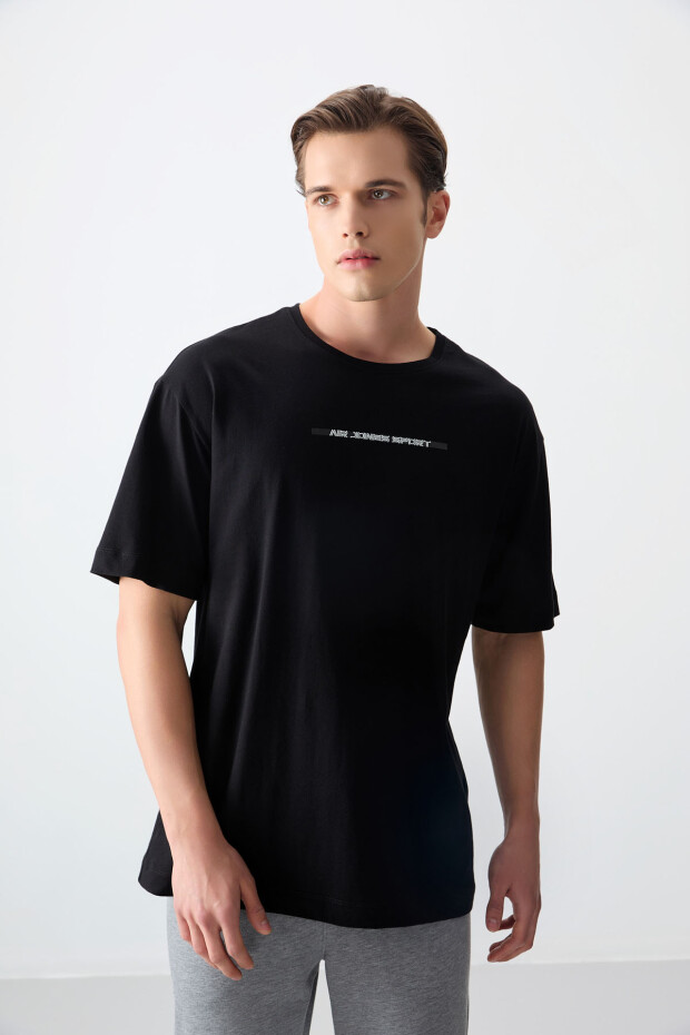 Siyah %100 Pamuk Kalın Yumuşak Dokulu Oversize Fit Baskılı Erkek T-Shirt - 88358