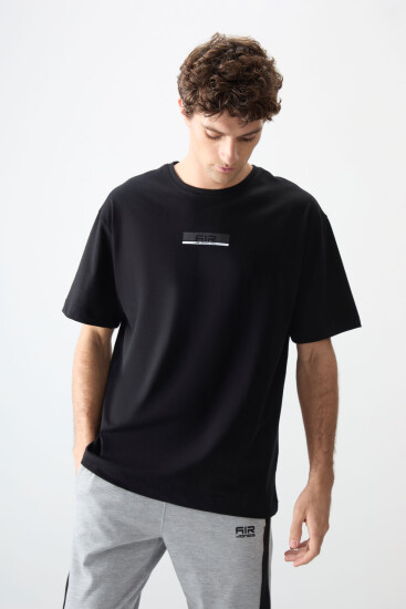 Siyah %100 Pamuk Kalın Yumuşak Dokulu Oversize Fit Baskılı Erkek T-Shirt - 88359 - Thumbnail