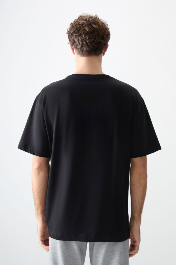 Siyah %100 Pamuk Kalın Yumuşak Dokulu Oversize Fit Baskılı Erkek T-Shirt - 88359 - 5