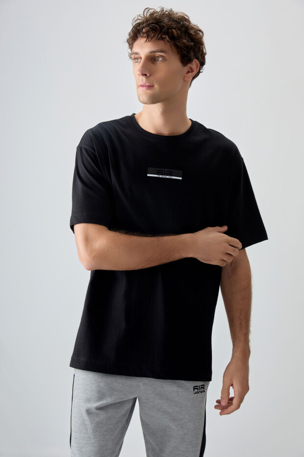 Siyah %100 Pamuk Kalın Yumuşak Dokulu Oversize Fit Baskılı Erkek T-Shirt - 88359