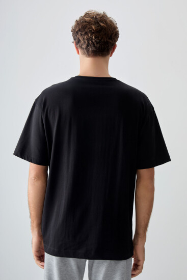 Siyah %100 Pamuk Kalın Yumuşak Dokulu Oversize Fit Baskılı Erkek T-Shirt - 88359 - Thumbnail