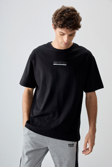 Siyah %100 Pamuk Kalın Yumuşak Dokulu Oversize Fit Baskılı Erkek T-Shirt - 88359 - Thumbnail