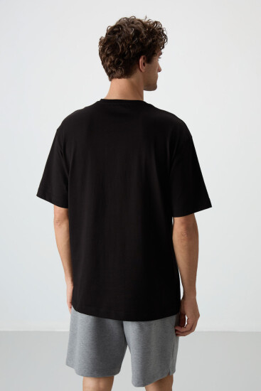Siyah %100 Pamuk Kalın Yumuşak Dokulu Oversize Fit Baskılı Erkek T-Shirt - 88360 - Thumbnail