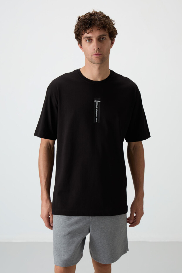 Siyah %100 Pamuk Kalın Yumuşak Dokulu Oversize Fit Baskılı Erkek T-Shirt - 88360