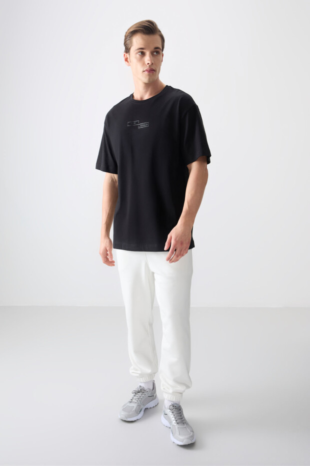 Siyah %100 Pamuk Kalın Yumuşak Dokulu Oversize Fit Baskılı Erkek T-Shirt - 88361 - 4