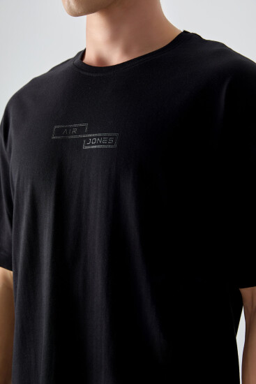 Siyah %100 Pamuk Kalın Yumuşak Dokulu Oversize Fit Baskılı Erkek T-Shirt - 88361 - Thumbnail