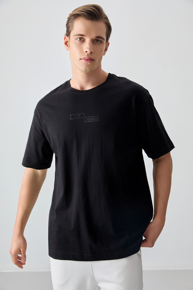 Siyah %100 Pamuk Kalın Yumuşak Dokulu Oversize Fit Baskılı Erkek T-Shirt - 88361