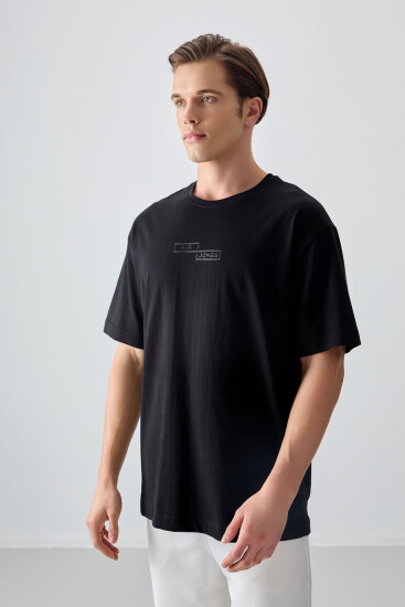 Siyah %100 Pamuk Kalın Yumuşak Dokulu Oversize Fit Baskılı Erkek T-Shirt - 88361 - Thumbnail