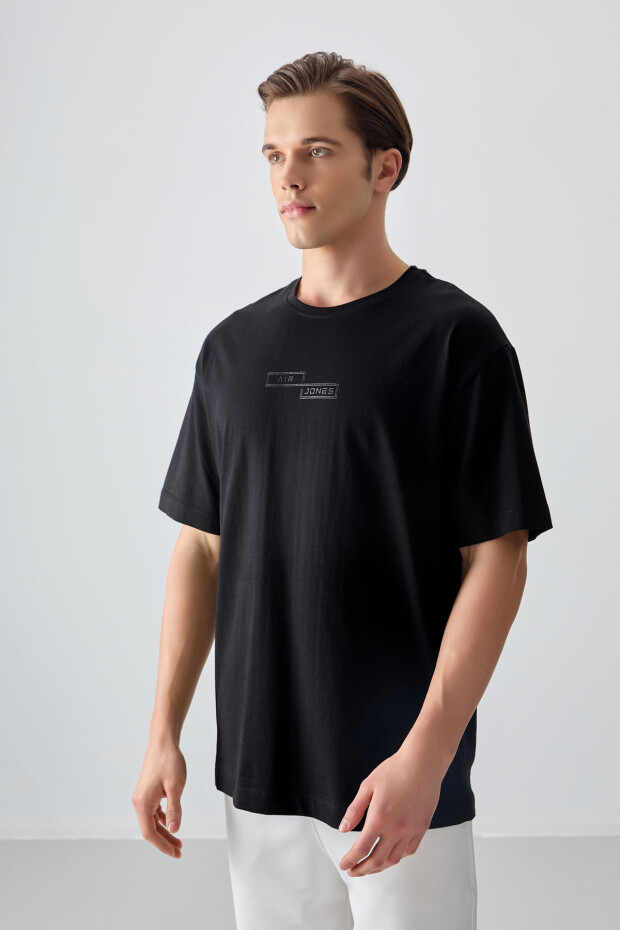 Siyah %100 Pamuk Kalın Yumuşak Dokulu Oversize Fit Baskılı Erkek T-Shirt - 88361