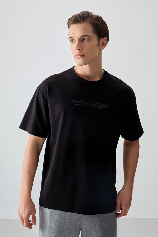 Siyah Pamuklu Kalın Yumuşak Dokulu Oversize Fit Baskılı Erkek T-Shirt - 88374