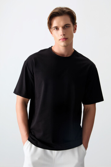 Siyah Pamuklu Kalın Yumuşak Dokulu Oversize Fit Basic Erkek T-Shirt - 88377 