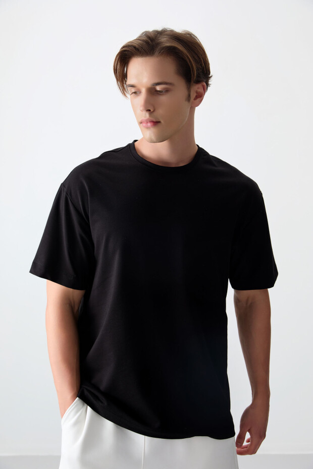 Siyah Pamuklu Kalın Yumuşak Dokulu Oversize Fit Basic Erkek T-Shirt - 88377 - 4