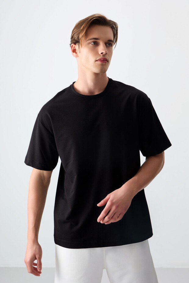 Siyah Pamuklu Kalın Yumuşak Dokulu Oversize Fit Basic Erkek T-Shirt - 88377 - 6