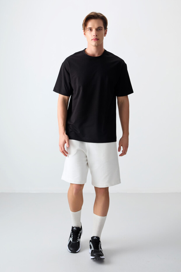 Siyah Pamuklu Kalın Yumuşak Dokulu Oversize Fit Basic Erkek T-Shirt - 88377 - 5