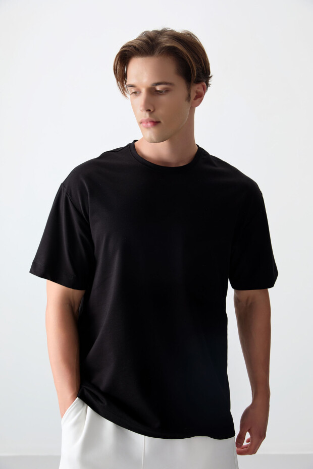 Siyah Pamuklu Kalın Yumuşak Dokulu Oversize Fit Basic Erkek T-Shirt - 88377