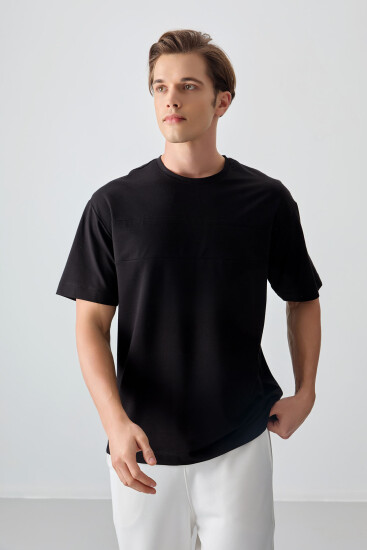 Siyah Pamuklu Kalın Yumuşak Dokulu Oversize Fit Basic Erkek T-Shirt - 88378 - Thumbnail