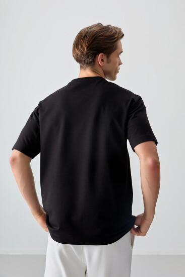 Siyah Pamuklu Kalın Yumuşak Dokulu Oversize Fit Basic Erkek T-Shirt - 88378 - Thumbnail