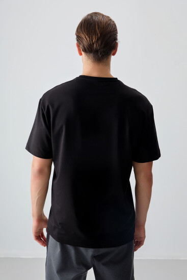 Siyah Pamuklu Kalın Yumuşak Dokulu Oversize Fit Baskılı Erkek T-Shirt - 88376 - Thumbnail