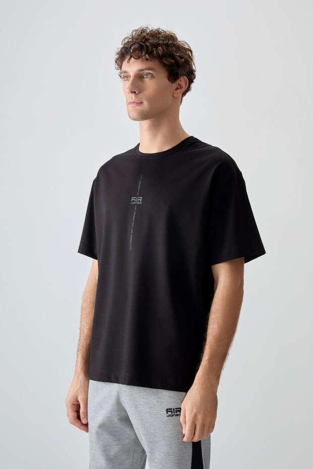 Siyah Pamuklu Kalın Yumuşak Dokulu Oversize Fit Baskılı Erkek T-Shirt - 88373