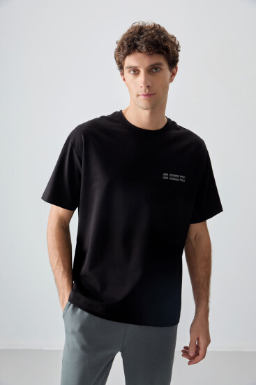 Siyah Pamuklu Kalın Yumuşak Dokulu Oversize Fit Baskılı Erkek T-Shirt - 88375 - Thumbnail
