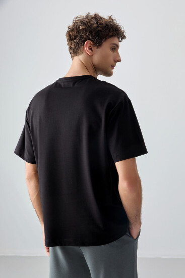 Siyah Pamuklu Kalın Yumuşak Dokulu Oversize Fit Baskılı Erkek T-Shirt - 88375 - Thumbnail