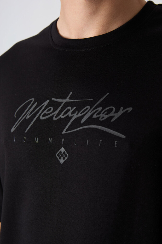 Siyah Pamuklu Kalın Yumuşak Dokulu Oversize Fit Baskılı Erkek T-Shirt - 88320 - 4