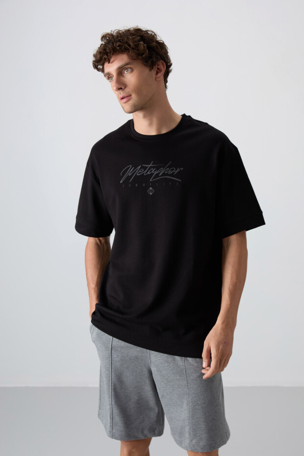 Siyah Pamuklu Kalın Yumuşak Dokulu Oversize Fit Baskılı Erkek T-Shirt - 88320