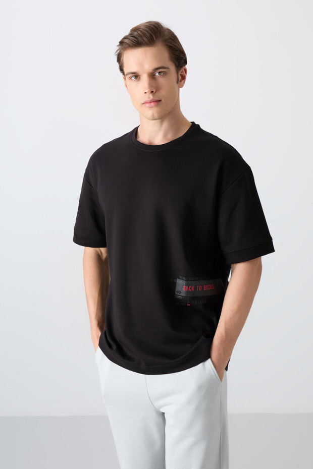 Siyah Pamuklu Kalın Yumuşak Dokulu Oversize Fit Baskılı Erkek T-Shirt - 88322