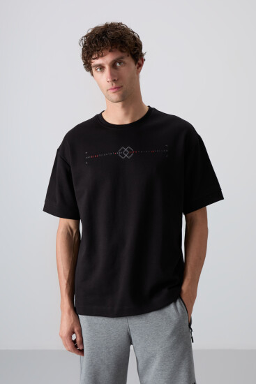 Siyah Pamuklu Kalın Yumuşak Dokulu Oversize Fit Baskılı Erkek T-Shirt - 88323 