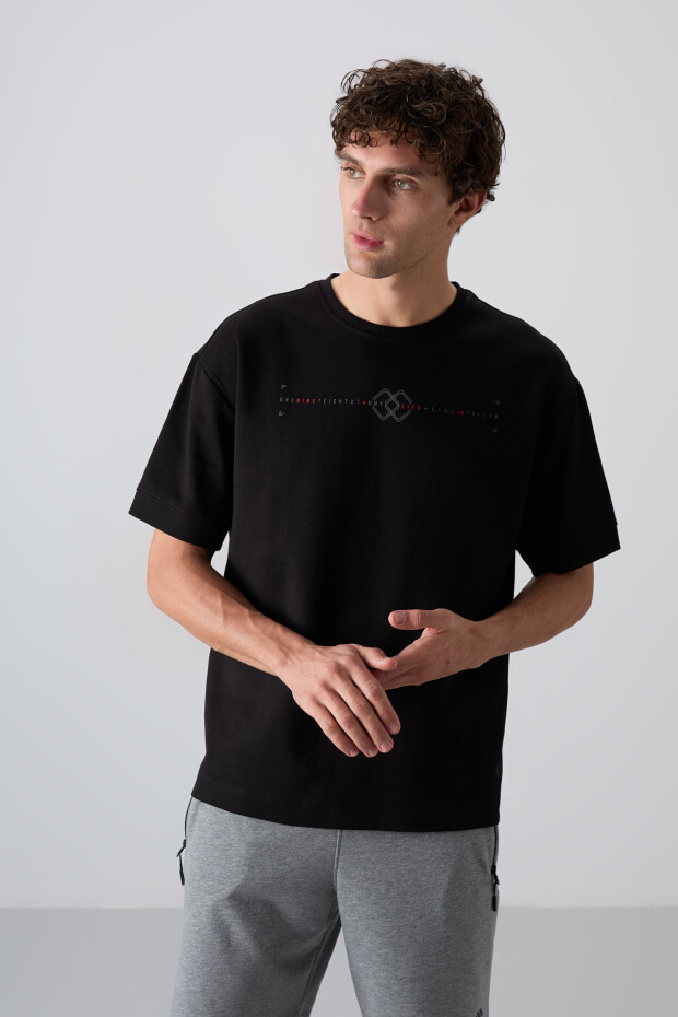 Siyah Pamuklu Kalın Yumuşak Dokulu Oversize Fit Baskılı Erkek T-Shirt - 88323