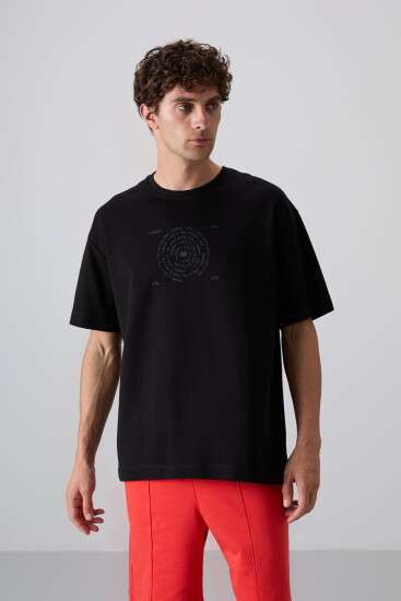 Siyah Pamuklu Kalın Yumuşak Dokulu Oversize Fit Baskılı Erkek T-Shirt - 88324 