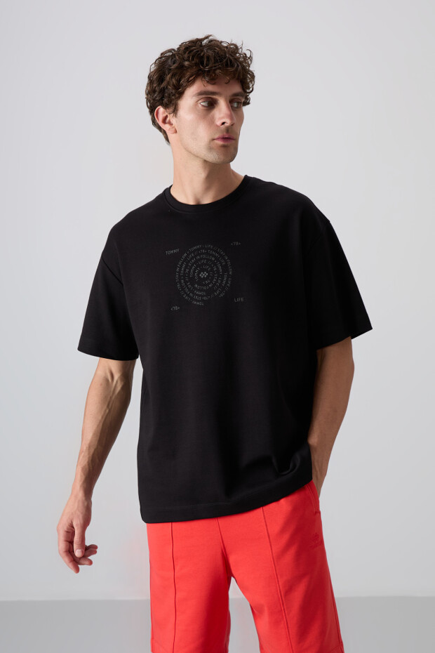 Siyah Pamuklu Kalın Yumuşak Dokulu Oversize Fit Baskılı Erkek T-Shirt - 88324