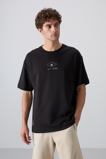Siyah Pamuklu Kalın Yumuşak Dokulu Oversize Fit Baskılı Erkek T-Shirt - 88325 