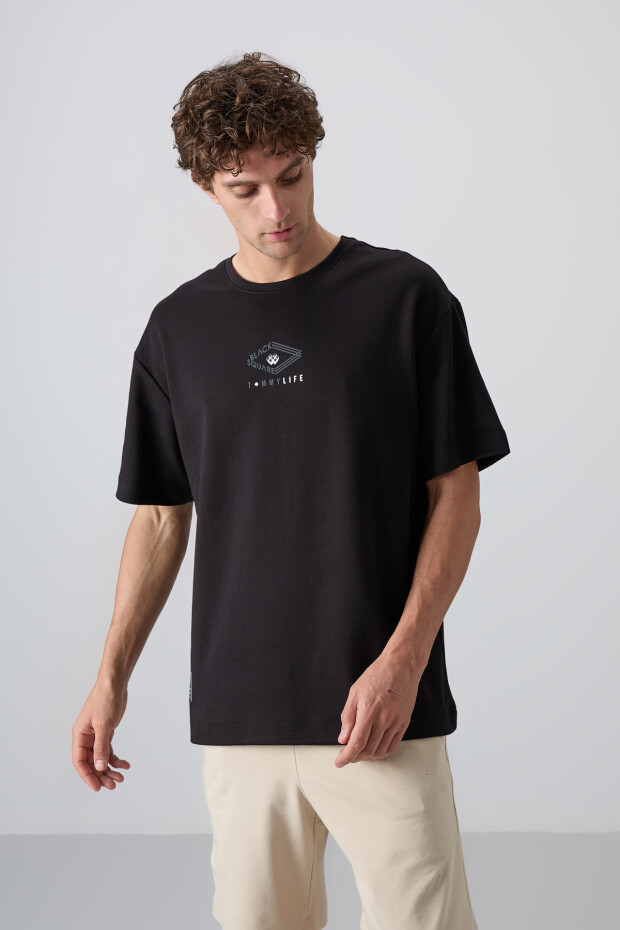 Siyah Pamuklu Kalın Yumuşak Dokulu Oversize Fit Baskılı Erkek T-Shirt - 88325