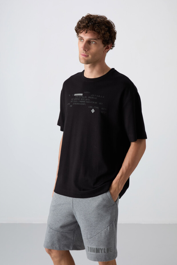 Siyah Pamuklu Kalın Yumuşak Dokulu Oversize Fit Baskılı Erkek T-Shirt - 88326