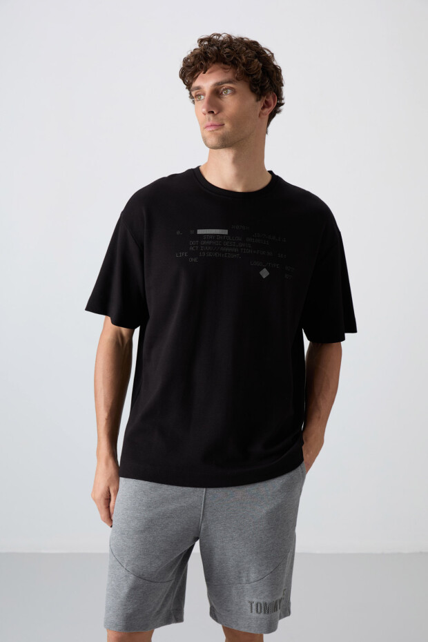 Siyah Pamuklu Kalın Yumuşak Dokulu Oversize Fit Baskılı Erkek T-Shirt - 88326