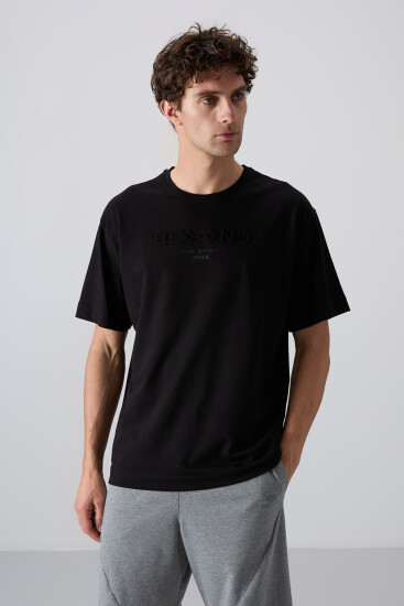 Siyah Pamuklu Kalın Yumuşak Dokulu Oversize Fit Baskılı Erkek T-Shirt - 88328 