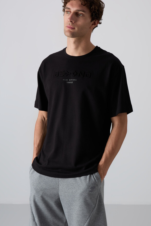 Siyah Pamuklu Kalın Yumuşak Dokulu Oversize Fit Baskılı Erkek T-Shirt - 88328