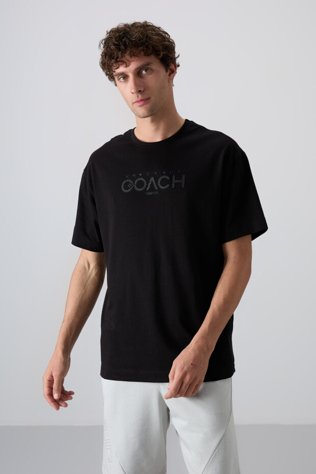 Siyah Pamuklu Kalın Yumuşak Dokulu Oversize Fit Baskılı Erkek T-Shirt - 88329