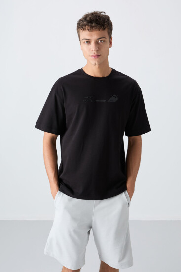 Siyah Pamuklu Kalın Yumuşak Dokulu Oversize Fit Baskılı Erkek T-Shirt - 88330 