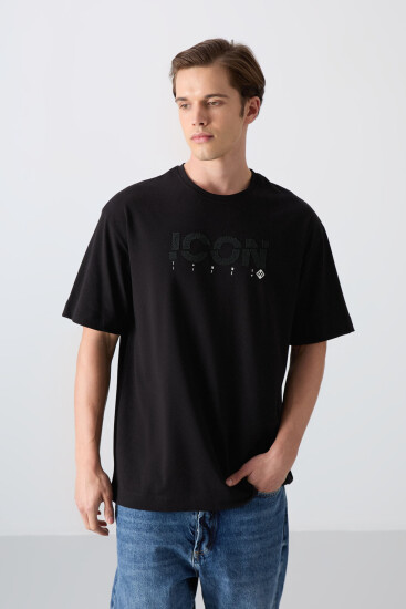 Siyah Pamuklu Kalın Yumuşak Dokulu Oversize Fit Baskılı Erkek T-Shirt - 88331 