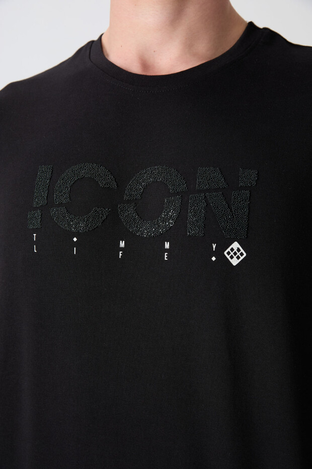 Siyah Pamuklu Kalın Yumuşak Dokulu Oversize Fit Baskılı Erkek T-Shirt - 88331 - 3