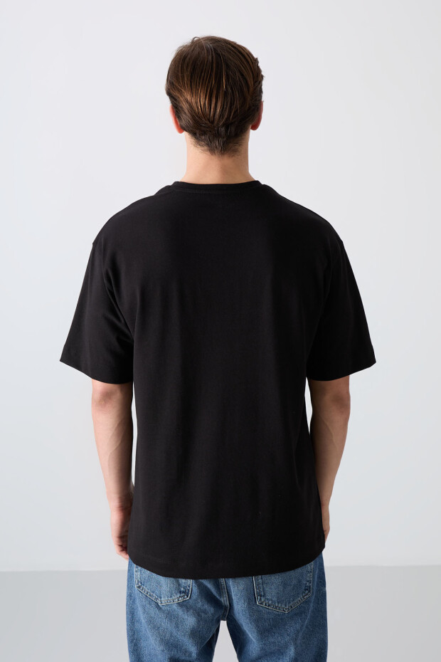 Siyah Pamuklu Kalın Yumuşak Dokulu Oversize Fit Baskılı Erkek T-Shirt - 88331 - 5