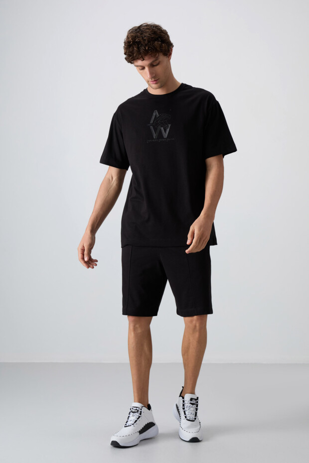 Siyah Pamuklu Kalın Yumuşak Dokulu Oversize Fit Baskılı Erkek T-Shirt - 88332 - 3