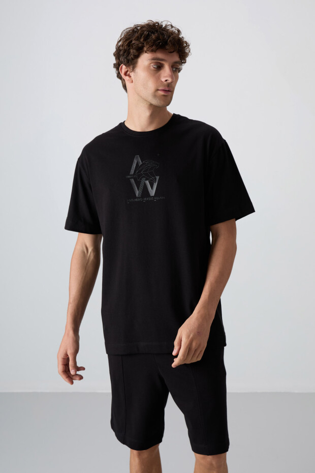 Siyah Pamuklu Kalın Yumuşak Dokulu Oversize Fit Baskılı Erkek T-Shirt - 88332 - 4