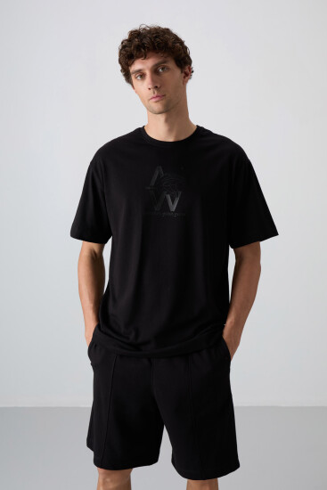 Siyah Pamuklu Kalın Yumuşak Dokulu Oversize Fit Baskılı Erkek T-Shirt - 88332 
