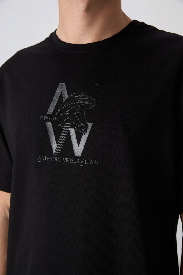 Siyah Pamuklu Kalın Yumuşak Dokulu Oversize Fit Baskılı Erkek T-Shirt - 88332 - 2