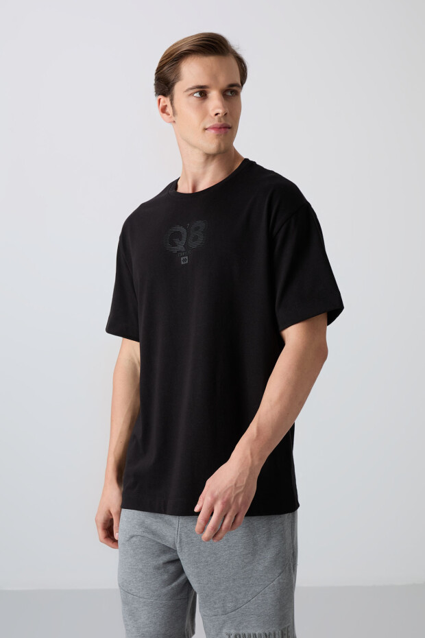 Siyah Pamuklu Kalın Yumuşak Dokulu Oversize Fit Baskılı Erkek T-Shirt - 88333